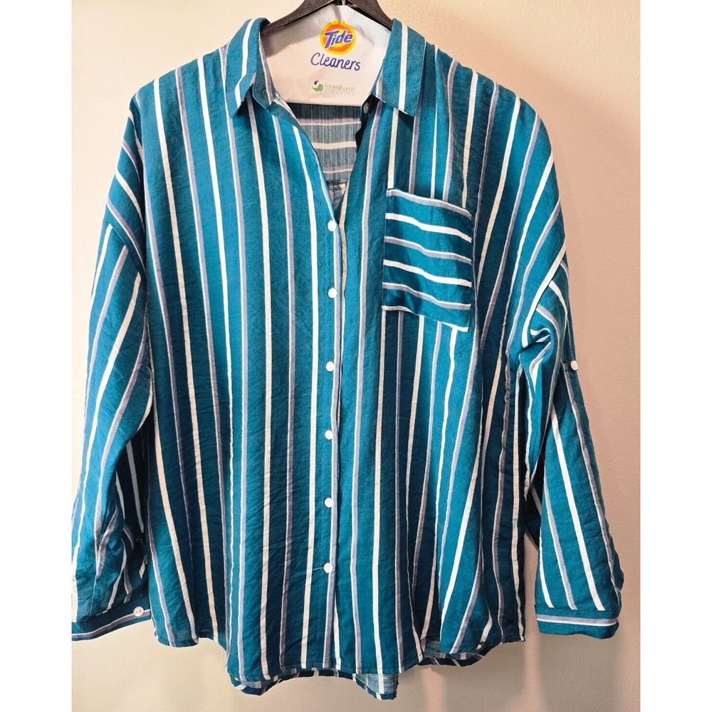 Eden‎ & Olivia Top Women's Turquoise White Stripped Button Down Roll Tab Sleeve - Picture 4 of 14